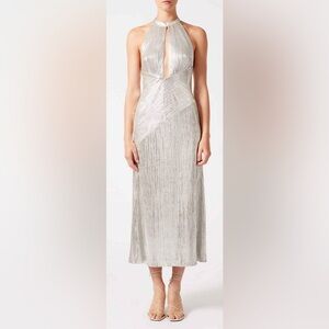 NWT Galvan London Metallic Jersey Halter Midi Dress Platinum Silver Sz 10